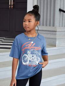 SHEIN Tween Girl Motorcycle & Letter Graphic Drop Shoulder Tee - Dusty Blue - View 5
