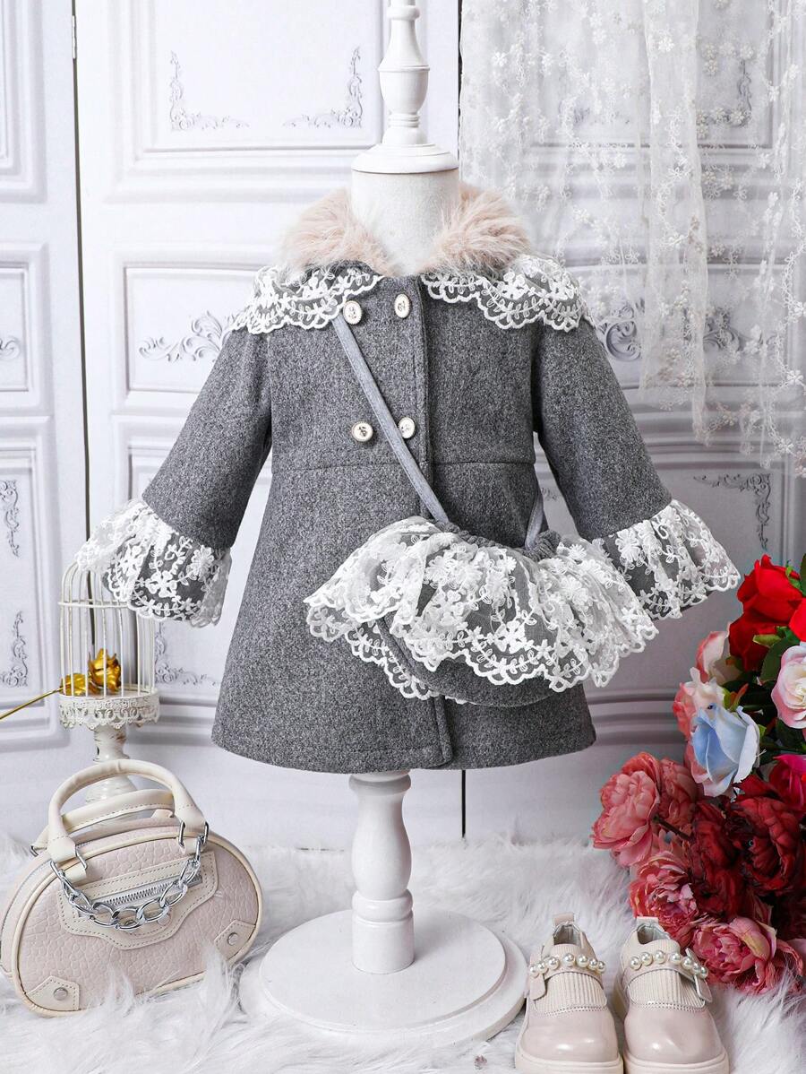 Baby Girl Fuzzy Trim Contrast Embroidery Mesh Double Breasted Overcoat & Bag - Grey - View 1