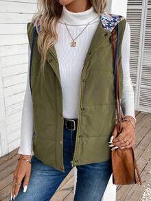 SHEIN LUNE Geo Print Drawstring Hooded Vest Padded Coat - Green - View 6