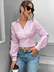 SHEIN Essnce 條紋印花疊領短款襯衫 - 粉色 - 查看 5