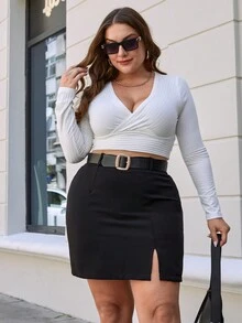 RueChic Kích thước lớn Của phụ nữ Đen Quần bó Eo cao Hông Wrapped Khe Váy mini - màu đen - Xem 5