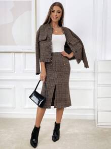 SHEIN Privé 高腰格紋雙排釦高衩半身裙 - 彩色 - 查看 4