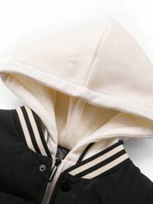 Men Striped Trim Drawstring Hooded Padded Coat - Black - View 5