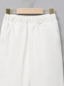 SHEIN Tween Boy Slogan Embroidery Split Hem Pants - Beige - View 8