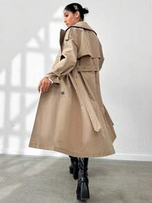 SHEIN Unity Đôi ngực Tự khóa Thắt lưng Áo khoác Trench - Màu be - Xem 2