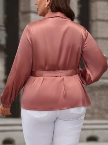 SHEIN Clasi Plus Shawl Collar Knot Side Wrap Satin Blouse - Coral Pink - View 2