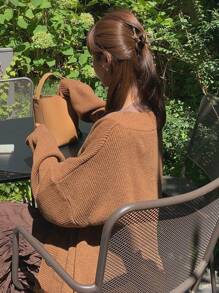 DAZY Solid Drop Shoulder Cardigan - Coffee Brown - View 2