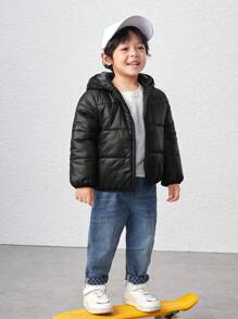 SHEIN Abrigo acolchado con cremallera y diseño de oreja 3D con capucha para niño pequeño - Negro - Ver 6