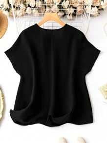 SHEIN LUNE Plus Solid Batwing Sleeve V Neck Tee - Black - View 2