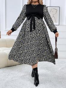 SHEIN Thai sản In hoa Báo Tay áo lồng đèn Váy có thắt lưng - Lạc đà - Xem 3