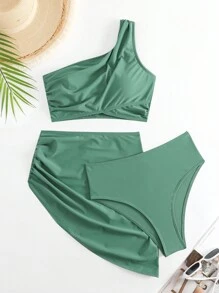 SHEIN Swim 夏季海灘純色一肩比基尼套裝配沙灘裙