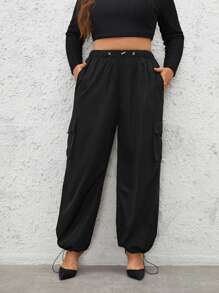 SHEIN Essnce Plus Drawstring Hem Flap Pocket Side Cargo Pants