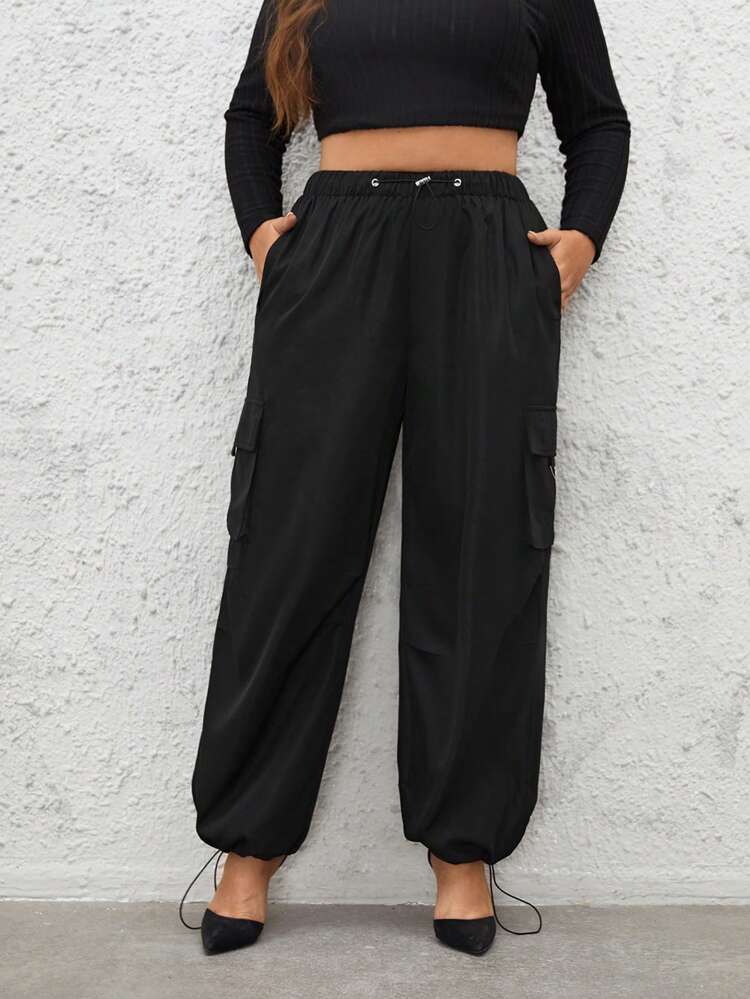 Plus Drawstring Hem Flap Pocket Side Cargo Pants