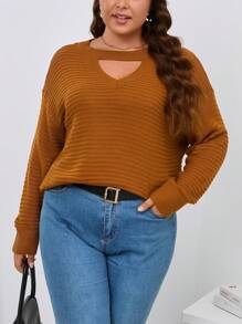 SHEIN LUNE Plus Keyhole Neck Drop Shoulder Sweater - Orange - View 1