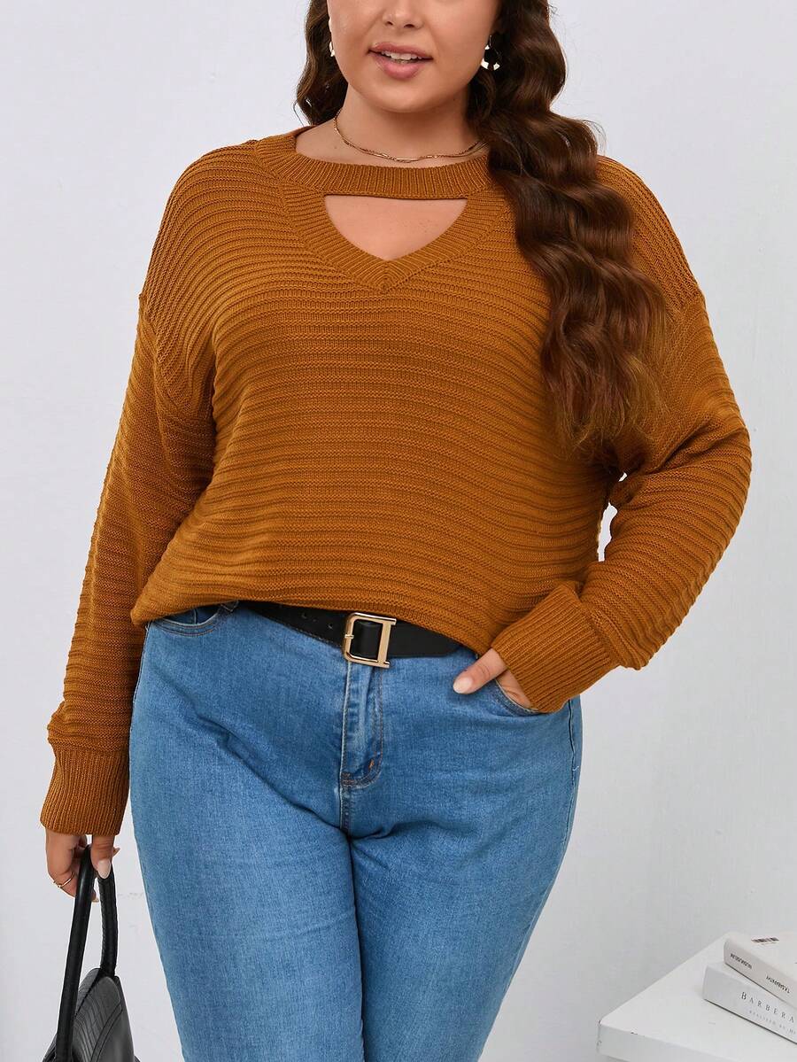 SHEIN LUNE Plus Keyhole Neck Drop Shoulder Sweater - Orange - View 1