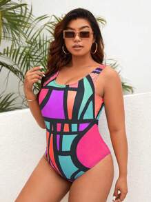 SHEIN Swim Curve 撞色大碼一件式泳衣 - 彩色 - 查看 4