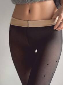 DAZY Polka Dot Print Tights,Thermal Lined - Black - View 7