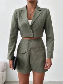 RueChic Striped Notched Collar Blazer Jacket And Skirt Set - Apricot - View 4