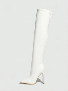 Của phụ nữ Đàn hồi Qua đầu gối Da giả Giày ống Với Pointed Toe , Dày Giày cao gót Và Dây kéo bên - trắng - Xem 4