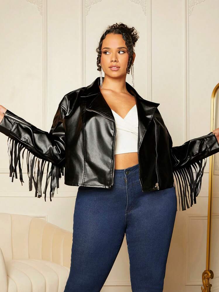 SHEIN SXY Plus Fringe Trim PU Leather Jacket | SHEIN EUR