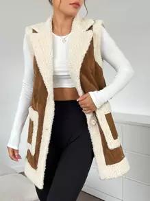 SHEIN EZwear Áo khoác vest lót gấu Teddy hai túi cho mùa thu/đông - màu nâu - Xem 1