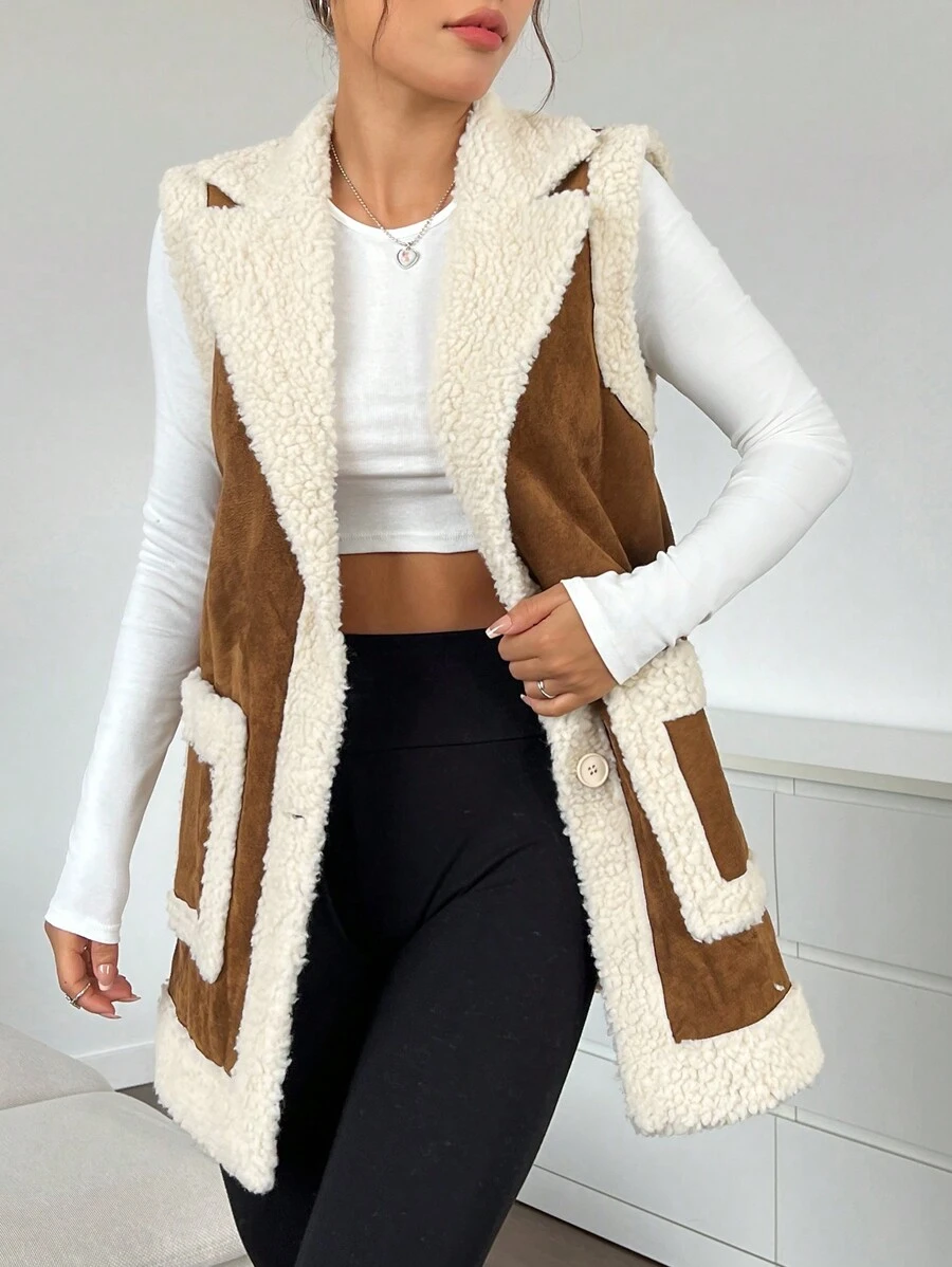SHEIN EZwear Áo khoác vest lót gấu Teddy hai túi cho mùa thu/đông - màu nâu - Xem 1