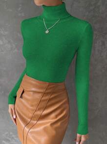SHEIN Essnce Solid Turtleneck Ribbed Knit Sweater - Green - View 5