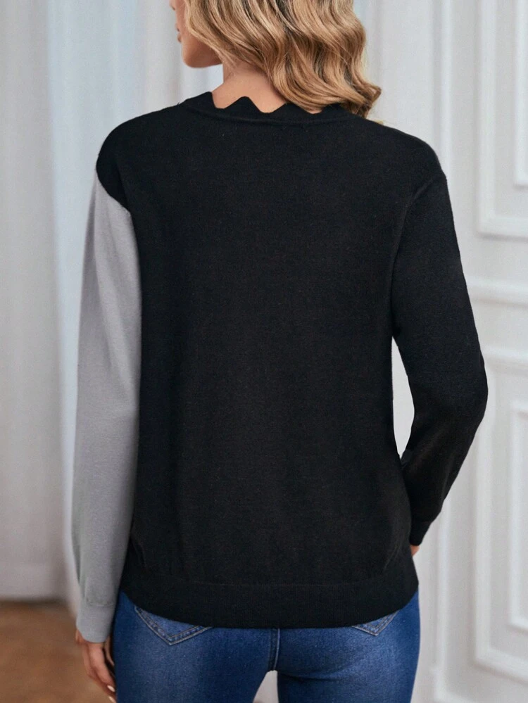 Two Tone Scallop Trim Drop Shoulder Sweater