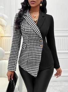 Zolique In Houndstooth Viền không đối xứng Ngực đơn Áo khoác - Đen và trắng - Xem 5