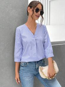 SHEIN LUNE Striped Print Button Front Blouse - Blue and White - View 6