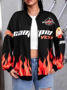 SHEIN Coolane Áo khoác bomber trễ vai họa tiết Fire & Letter - Nhiều màu - Xem 1