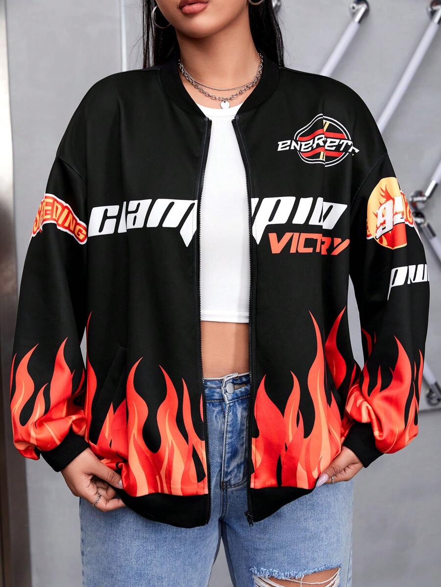 SHEIN Coolane Áo khoác bomber trễ vai họa tiết Fire & Letter - Nhiều màu - Xem 1
