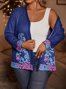 SHEIN LUNE 加花卉印花正面鈕扣開衫 - 藏蓝色 - 查看 4