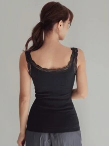 DAZY Contrast Lace Thermal Underwear Top,Thermal Lined Fall,Winter - Black - View 2