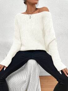 EMERY ROSE Suéter de cuello de barco, manga de murciélago, tejido acanalado, para otoño e invierno - Blanco - Ver 4