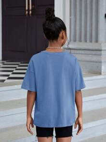 SHEIN Tween Girl Motorcycle & Letter Graphic Drop Shoulder Tee - Dusty Blue - View 2