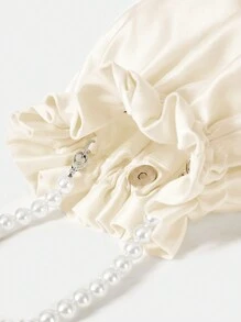 SHEIN Belle 幾何格紋公主人造珍珠和水鑽珍珠鏈條和裝飾迷你緞面手提包珍珠手柄抽褶細節適合派對,婚禮,舞會和晚餐,口紅,女士珍珠包