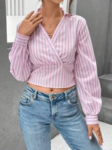 SHEIN Essnce 條紋印花疊領短款襯衫 - 粉色 - 查看 6