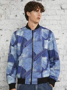 Manfinity VCAY 男式牛仔效果印花拉链飞行员夹克（不含 T 恤），适合秋冬 - 藍色 - 查看 3