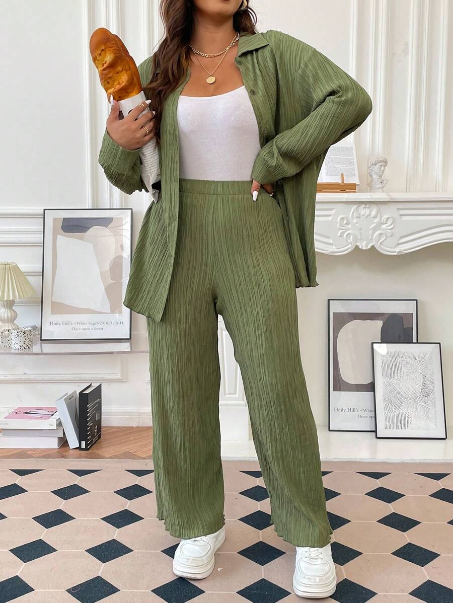 Flirla Plus Drop Shoulder Shirt & Pants - Green - View 1