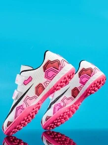 Chaussures de football pour femmes, splicing blanc et rose avec boucle et rivets, chaussures de football d'entraînement antidérapantes