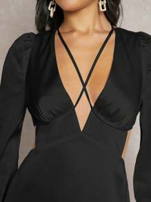 SHEIN BAE Plunging Neck Crisscross Cut Out Waist Lantern Sleeve Dress