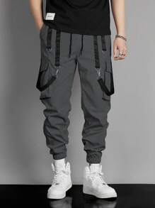 Manfinity EMRG Men Tape Detail Flap Pocket Cargo Pants - Dark Grey - View 2