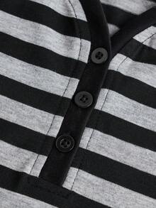 SHEIN Teen Girl Striped Half Button Crop Tee - Light Grey - View 3