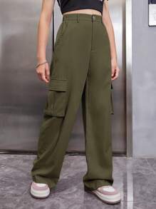 SHEIN 青少年女孩側翻蓋口袋工裝褲 - 軍綠色 - 查看 5
