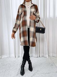 SHEIN Maternity Plaid Print Drop Shoulder Coat - Brown - View 2