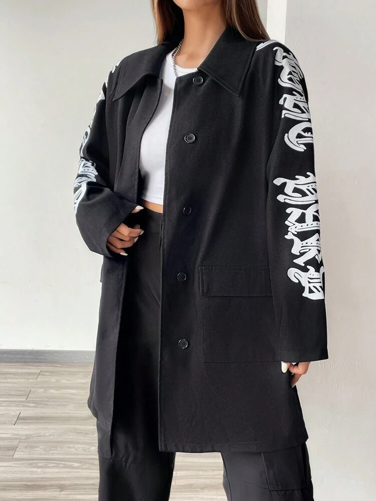 Letter Graphic Flap Pocket Raglan Sleeve Coat Fall Cloth For Women