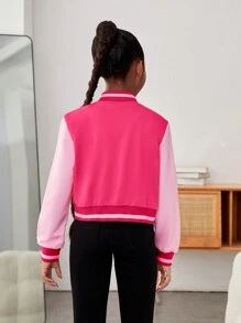 SHEIN Tween Girl Letter Patched Striped Trim Colorblock Varsity Jacket, Pink Jacket For Teen Girls, Letterman Jacket For Girls, Girls Varsity Jacket, Tween Varsity Jacket - Hot Pink - View 2