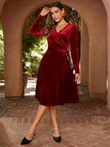 SHEIN Clasi Surplice Neck Knot Side Velvet Dress - Burgundy - View 6