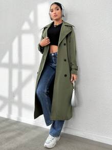 SHEIN LUNE 雙排釦腰帶風衣外套 - 軍綠色 - 查看 6